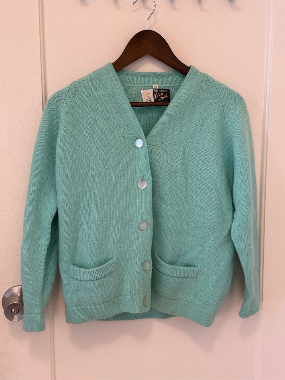 Vintage 60s Blue-Green Button-Front Angora Blend Diane Rich Cardigan Sweater
